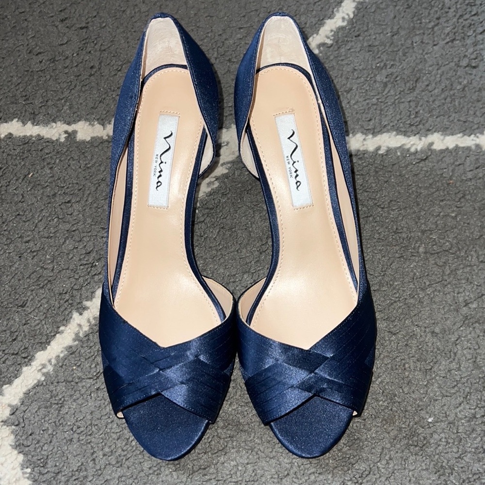 Nordstrom NINA Contesa Open Toe Navy Blue Pumps Size 9W